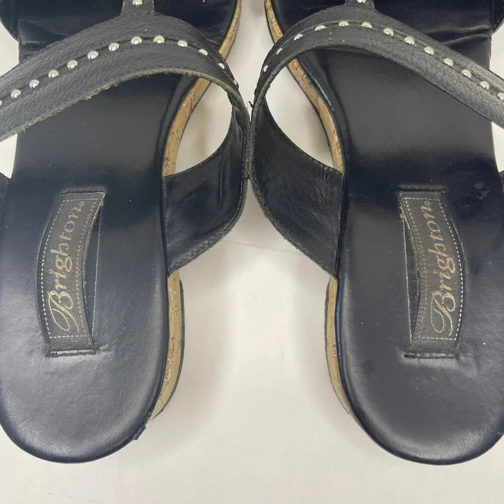 Brighton Sandals Size 9 M Slip On Slides Black Silver Cork Wedge Heel Studded
